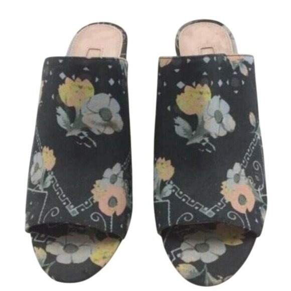 Avec Les Filles Margaux Black Poppy Bandana Canvas Block Heeled Mules Sandals 9 - Picture 2 of 5